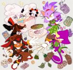 2boys 2girls alternate_costume animal_ears apron black_fur black_shoes blaze_the_cat blue_bow blue_bowtie blue_eyes bow bowtie brown_apron brown_pants cat_ears cat_girl cat_tail chameleon_boy chameleon_tail clipboard clock closed_mouth commentary cookie cup cupcake damnletyuchka disposable_coffee_cup disposable_cup english_commentary espio_the_chameleon eyelashes food forehead_jewel full_body furry furry_female furry_male gloves green_apron hat hedgehog_boy highres holding holding_clipboard holding_clock holding_cup holding_plate horns lanolin_the_sheep leaf leaf_print long_sleeves muffin multiple_boys multiple_girls open_mouth pants plate purple_fur red_eyes red_fur shadow_the_hedgehog sheep_girl shirt shoes short_sleeves sonic_(series) sonic_the_hedgehog_(idw) tail teabag teacup white_gloves yellow_eyes 