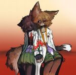 ambiguous_gender anthro black_body black_clothing black_eyes black_fur black_shirt black_topwear bottomwear brooch brown_body brown_fur canid canine clothing coat dipstick_tail domestic_cat duo felid feline felis flower fox fur green_bottomwear green_clothing green_panties green_skirt green_underwear gzpxllztt hand_holding hi_res lab_coat mammal markings notched_ear orange_clothing orange_shirt orange_topwear panties pants plant purple_ribbon red_ribbon shirt skirt spider_lily suzumi_kuzu tail tail_markings topwear tsubakura_enraku underwear white_clothing white_shirt white_tail_tip white_topwear