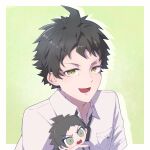  :d ahoge breast_pocket brown_eyes brown_hair character_doll commentary_request danganronpa_(series) danganronpa_2:_goodbye_despair doll highres hinata_hajime holding holding_doll looking_at_viewer lower_teeth_only pocket qiyi_7117 short_hair smile teeth tongue white_background 