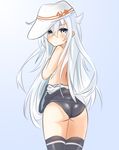  ass bare_shoulders black_legwear blue_eyes blush covering covering_chest eve_(kenzen) hammer_and_sickle hibiki_(kantai_collection) highres kantai_collection long_hair looking_at_viewer silver_hair solo star swimsuit_pull thighhighs verniy_(kantai_collection) very_long_hair 