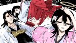  1boy 2girls antatica11 black_hair black_kimono bleach closed_eyes collarbone crying emphasis_lines hair_between_eyes hakama halo hand_in_own_hair highres japanese_clothes kimono kuchiki_byakuya kuchiki_hisana kuchiki_rukia long_hair long_sleeves meme multiple_girls naoya_hitting_choso_without_looking_(meme) pink_kimono red_hakama smile throwing throwing_person wide-eyed yellow_halo 