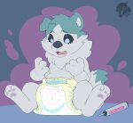 3_fingers 3_toes absurd_res after_transformation age_regression ambiguous_gender anthro artist_logo black_sclera blue_body blue_fur blue_tail blue_tail_tip blush blush_lines brand_new_animal bubblepuppers canid canine canis claws clean_diaper clothed clothing cryo_lithius diaper diaper_only dipstick_tail dripping english_text fangs feet finger_claws fingers floppy_ears fur grey_background grey_body grey_fur grey_inner_ear grey_nose heart_symbol hi_res liquid logo looking_down mammal markings multicolored_body multicolored_fur open_mouth pawpads pink_liquid purple_pawpads shirou_ogami simple_background sitting solo studio_trigger syringe tail tail_markings teeth text text_on_diaper toes topless two_tone_body two_tone_fur two_tone_tail wearing_diaper wolf