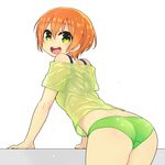  :d ass blush chan_co cowboy_shot green_eyes green_panties green_shirt hoshizora_rin looking_at_viewer looking_back love_live! love_live!_school_idol_project off_shoulder open_mouth orange_hair panties shirt simple_background smile solo t-shirt underwear white_background 