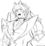  animal_ear_piercing animal_ears black_choker blush choker commentary_request dog_boy dog_ears embarrassed fangs highres jewelry komano_manato multicolored_hair muscular muscular_male necklace pectorals scar scar_on_chest scar_on_face shirt w59o5 white_shirt zenless_zone_zero 