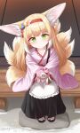  1girl absurdres animal_ears apron arknights black_hakama blonde_hair closed_mouth coin_purse commentary dated fox_ears fox_girl fox_tail frilled_apron frills green_eyes hair_ornament hairband hakama highres japanese_clothes kimono kitsune kyuubi long_hair long_sleeves multiple_tails official_alternate_costume pink_kimono pinwheel red_hairband sandals signature sitting skirt socks solo suzuran_(arknights) suzuran_(yukibare)_(arknights) tail waist_apron white_apron white_socks yeong100 