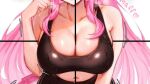  1girl black_tank_top blurry breast_focus breasts cleavage collarbone commentary depth_of_field english_commentary facing_viewer head_out_of_frame heart hololive large_breasts long_hair meme meowmaffura navel pink_hair raora_panthera simple_background solo sweat tank_top virtual_youtuber white_background 