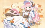  1girl :d absurdres autumn_leaves aye_roujiang bag baguette bear blush bonnet braid bread bread_slice breasts brown_scarf chinese_commentary commentary_request dress food frills green_eyes hat highres holding jacket leaf long_hair long_sleeves looking_at_viewer open_mouth original paper_bag pink_hair scarf smile solo toast two_side_up white_dress 