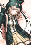  1girl absurdres backpack bag blonde_hair blunt_bangs buttons danganronpa_(series) danganronpa_2:_goodbye_despair english_commentary green_hoodie hair_ornament hairpin highres hood hoodie long_sleeves medium_hair nanami_chiaki nifast_(greentail) official_style open_mouth pink_bag pleated_skirt shadow skirt solo teeth twitter_username upper_body upper_teeth_only white_background yellow_skirt zettai_ryouiki 