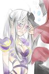  1girl armor blush breasts cleavage gloves hand_on_head helmet highres league_of_legends long_hair mask no_headwear pauldrons petting purple_eyes silver_hair syndra vambraces zed_(league_of_legends) 