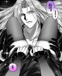  2boys 3_3lecho between_legs bracer chinese_commentary chinese_text clothes_grab cloud_strife cloud_strife_(blue_dress) commentary_request final_fantasy final_fantasy_vii final_fantasy_vii_remake fishnet_thighhighs fishnets frilled_sleeves frills gloves greyscale hands_on_another's_thighs highres imminent_fellatio light_smile long_bangs long_hair looking_at_viewer male_focus monochrome multiple_boys parted_bangs pov pov_crotch screentones sephiroth skindentation slit_pupils sparkle spot_color thighhighs translated yaoi 