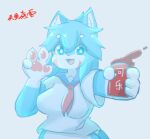 4_fingers anthro big_ears big_tail blue_body blue_eyes blue_fur blue_hair blue_tail breasts canid canine canxue canxue_(character) chinese_text claws female finger_claws fingers fox fur hair hi_res kemono long_hair looking_at_viewer mammal monochrome nude paws signature smile solo tail text white_body white_fur