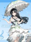  1girl :d awa_subaru bare_shoulders beamed_eighth_notes black_hair blue_background chinese_commentary choker collarbone commentary_request dress eighth_note frilled_dress frills girls_band_cry hair_ribbon highres holding holding_umbrella long_hair looking_at_viewer migolu musical_note off-shoulder_dress off_shoulder open_mouth parasol parted_bangs purple_eyes ribbon smile solo standing umbrella white_choker white_dress white_ribbon white_umbrella 