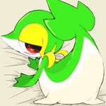  ambiguous_gender blush butt half-closed_eyes looking_at_viewer looking_back nintendo open_mouth pok&eacute;mon raised_tail red_eyes sheets snivy solo video_games winte 