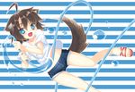  ahoge animal_ears blue_eyes blush brown_hair dog_ears dog_tail horizontal-striped_background hose original sandals short_hair shorts smile solo striped striped_background sumikaze tail water 