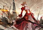  aestus_estus ahoge blonde_hair breasts cleavage dress epaulettes fate/extra fate_(series) green_eyes hair_ribbon long_dress medium_breasts nero_claudius_(fate) nero_claudius_(fate)_(all) ribbon shengkong_(prank) smile solo sword weapon 