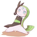  1girl blue_eyes blush bottomless censored female green_hair long_hair meloetta no_humans pokemon pussy smile solo warumono_tomii 