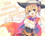  :d belt blonde_hair blue_eyes borrowed_character breasts cape cleavage double_bun gloves hair_ribbon happy_birthday hat hat_feather large_breasts natsu_natsuna open_mouth original pinstripe_pattern ribbon short_hair skirt smile solo striped twintails witch_hat 