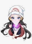  1girl beanie black_hair black_shirt blue_eyes blush bracelet closed_mouth cocoa_s3 commentary cropped_shoulders dawn_(pokemon) hair_ornament hairclip hat highres jewelry long_hair looking_at_viewer poke_ball_print poke_ball_symbol pokemon pokemon_dppt red_scarf scarf shirt simple_background sleeveless smile solo symbol-only_commentary white_hat 