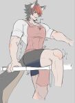  1boy abs animal_ears apron black_hair black_shorts commentary covered_abs dog_boy dog_ears dog_tail highres huge_pectorals huge_thighs komano_manato large_pectorals male_focus multicolored_hair muscular muscular_male pectorals pink_apron red_eyes red_hair shirt shorts symbol-only_commentary tail thick_thighs thighs w59o5 white_shirt zenless_zone_zero 