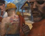  2fort 3boys absurdres back_tattoo bluekitty228 bridge chain-link_fence coat commentary confederate_flag dark-skinned_male dark_skin dated demoman_(tf2) engineer_(tf2) english_commentary english_text eyepatch fence flag_tattoo from_behind gloves hard_hat hat helmet highres krita_(medium) lab_coat looking_at_another male_focus medic_(tf2) multiple_boys necktie outdoors parted_lips peaked_cap red_demoman_(tf2) red_engineer_(tf2) red_medic_(tf2) red_necktie red_shirt shirt signature tattoo team_fortress_2 topless_male upper_body white_coat 
