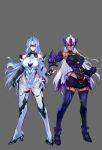  absurdres android bare_shoulders blue_eyes blue_hair breasts cleavage cyborg dark_skin elbow_gloves expressionless forehead_protector glasses gloves highres kos-mos kos-mos_re: large_breasts leotard long_hair looking_at_viewer multiple_girls negresco red_eyes silver_hair simple_background standing t-elos t-elos_re thighhighs very_long_hair white_leotard xenoblade_(series) xenoblade_2 xenosaga xenosaga_episode_iii 