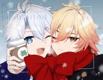  2boys amamizu_(shigure-doki) antenna_hair arm_tattoo blonde_hair blue_eyes bow braid cheek-to-cheek chest_tattoo commentary_request cup disposable_coffee_cup disposable_cup facial_tattoo gradient_hair heads_together holding holding_cup honkai:_star_rail honkai_(series) male_focus medium_hair multicolored_hair multiple_boys mydei_(honkai:_star_rail) one_eye_closed parted_bangs phainon_(honkai:_star_rail) red_bow red_hair red_tattoo short_hair side_braid tattoo viewfinder watermark white_hair yaoi yellow_eyes 
