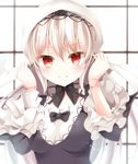  aibumi bad_id bad_pixiv_id black_dress bonnet bow doll_joints dress gothic_lolita lolita_fashion long_hair long_sleeves red_eyes rozen_maiden silver_hair smile solo suigintou upper_body wide_sleeves 