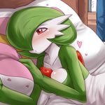  bed blush breasts cleavage gardevoir green_hair lying lying_down no_humans pillow pokemon red_eyes short_hair solo warumono_tomii 