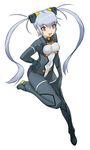  absurdres bodysuit busou_shinki cosplay full_body grey_hair hand_on_hip highres long_hair official_art otomedius simple_background solo strarf twintails white_background yoshizaki_mine 