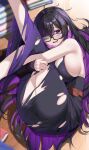  1girl 4ddd bare_shoulders belt black-framed_eyewear black_cardigan black_dress black_hair blunt_bangs book book_stack breasts brown_belt cardigan colored_inner_hair commentary day dress glasses goddess_of_victory:_nikke gradient_clothes gradient_dress hair_between_eyes hair_over_one_eye highres hugging_own_legs label_(nikke) large_breasts legs legs_up long_sleeves looking_at_viewer lying mole mole_on_breast multicolored_hair on_floor on_side open_mouth purple_eyes purple_hair sideboob sleeveless sleeveless_dress sleeves_past_wrists solo sweat taut_clothes thighs torn_clothes torn_dress wavy_mouth white_dress wooden_floor 