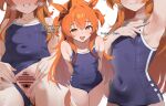  1girl absurdres animal_ears arm_up armpits arms_behind_back bad_link bar_censor black_bow blue_one-piece_swimsuit blush bow breasts censored clothing_aside covered_navel covered_nipples dush_1154 ear_bow ear_ornament english_text hair_between_eyes heart heavy_breathing highres horse_ears horse_girl horse_tail long_hair looking_at_viewer mayano_top_gun_(umamusume) mosaic_censoring multiple_views naughty_face one-piece_swimsuit open_mouth orange_eyes orange_hair presenting_armpit pussy_juice simple_background small_breasts smile spread_armpit spread_pussy spreading_own_pussy sweaty_armpits swimsuit swimsuit_aside tail thighs two_side_up umamusume white_background 