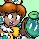  1girl alternate_skin_color axelorca brown_hair commentary crown dark-skinned_female dark_skin dress earrings english_commentary flower_earrings green_background jewelry mario_&amp;_luigi_rpg mario_(series) open_mouth princess_daisy puffy_short_sleeves puffy_sleeves short_sleeves simple_background solo teeth upper_body upper_teeth_only wonder_seed yellow_dress 