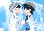  1boy 1girl black_hair blue_sky bouquet collared_shirt commentary_request couple expressionless eye_contact highres holding holding_bouquet light_smile looking_at_another original shirt short_hair sky takanashi_atashi veil vest wind 