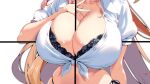  1girl black_bra black_panties blonde_hair bra breast_focus breasts character_request cleavage commentary_request copyright_request facing_viewer huge_breasts long_hair meme panties simple_background solo tama_amata underwear white_background 
