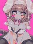  1girl :o absurdres animal_ears blush breasts brown_hair cleavage danganronpa_(series) danganronpa_2:_goodbye_despair fake_animal_ears fishnet_thighhighs fishnets flipped_hair highres large_breasts looking_at_viewer medium_hair mole mole_on_breast nanami_chiaki neck_ribbon pink_background pink_eyes pink_ribbon playboy_bunny rabbit_ears ribbon ronpa_aohama shoes simple_background solo thighhighs 