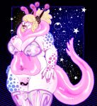 alien antennae_(anatomy) anthro aquatic_gastropod big_breasts big_clitoris bikini bikini_top bikini_top_only bimbo_anthro blonde_hair breasts clitoris clothing colored_nails cosmic_background facial_piercing female gastropod genitals glistening glistening_body hair hi_res horseshoe latexslug lip_piercing lipstick makeup marine markings mollusk multiple_piercings nails nudibranch obscured_eyes overweight overweight_anthro overweight_female pattern_background piercing pink_body pink_lipstick pink_nails pink_piercing pink_tail pseudo_hair sea_slug simple_background slug snakebite_piercing solo space space_background star swimwear tail tentacle_hair tentacles thick_tail thick_thighs two-piece_swimsuit vulva white_body