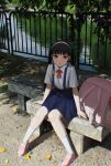  1girl absurdres backpack bag bench black_hair blue_skirt bow bowtie cherry_print commentary fence foliage food_print fruit_print grass green_ribbon hachikuji_mayoi hair_ribbon highres impasto iron_fence leaf long_hair looking_at_viewer monogatari_(series) nemo_ringo open_mouth painterly photo_background pink_bag pink_shoes pond red_bow red_bowtie red_eyes reflection reflective_liquid ribbon shade shirt shoes sitting skirt socks solo suspender_skirt suspenders symbol-only_commentary twintails unworn_backpack unworn_bag white_shirt white_socks wispy_bangs 
