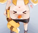  1girl black_shorts calligraphy_brush clothes_pull commentary_request duemeng food fruit grey_background holding holding_calligraphy_brush holding_paintbrush ju_fufu korean_commentary mandarin_orange navel paintbrush panties pussy_juice shorts shorts_pull solo standing stomach tail tail_around_own_leg tiger_girl tiger_tail underwear white_panties zenless_zone_zero 