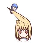  2girls :d ahoge arcueid_brunestud blonde_hair blue_hair blush_stickers chibi chibi_inset chibi_only ciel_(tsukihime) curtained_hair facing_viewer huge_ahoge impaled looking_at_viewer multiple_girls nun red_eyes sakurello short_hair smile stab sweater tsukihime tunic turtleneck turtleneck_sweater white_sweater 