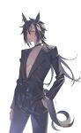  1girl absurdres air_shakur_(umamusume) alternate_costume animal_ears arm_at_side black_choker black_hair black_jacket black_pants black_suit breasts buttons choker closed_mouth commentary_request cowboy_shot ear_ornament expressionless eyebrow_piercing face_piercing hand_in_pocket highres horse_ears horse_girl horse_tail jacket jewelry legs_apart long_hair long_sleeves looking_at_viewer low_ponytail matoi_sakuretsu messy_hair no_bra pant_suit pants piercing plunging_neckline pocket ponytail skinny solo standing suit suit_jacket tail umamusume very_long_hair watch wristwatch yellow_eyes 