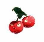  artist_name ben-day_dots buck_teeth cherry cherry_bomb_(plants_vs._zombies) closed_mouth commentary food frown fruit green_eyes highres hightguy leaf no_humans parted_lips plants_vs._zombies screentones solo squinting teeth white_background 