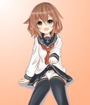  black_legwear bow bow_panties brown_eyes brown_hair commentary_request eve_(kenzen) hair_ribbon highres ikazuchi_(kantai_collection) kantai_collection lifted_by_self looking_at_viewer neckerchief open_mouth panties pleated_skirt red_neckwear ribbon school_uniform serafuku short_hair skirt skirt_lift smile solo thighhighs underwear white_panties 