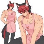  1boy animal_ear_piercing animal_ears apron black_pants commentary dog_boy dog_ears dog_tail english_commentary komano_manato male_focus mignoui muscular muscular_male pants pectoral_cleavage pectorals pink_apron scar scar_on_arm scar_on_chest scar_on_face tail zenless_zone_zero 