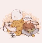  2boys aged_down akuta_ji bear_boy bepo_(one_piece) black_eyes black_hair blue_pants book book_stack commentary_request crew_neck denim furry furry_male grey_background hat holding holding_map holding_pen indian_style jeans jumpsuit long_sleeves looking_at_object male_focus map multiple_boys one_piece open_book orange_jumpsuit pants pen reading red_shirt shirt short_hair sitting trafalgar_law v-shaped_eyebrows white_hat 