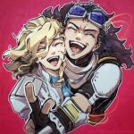  1boy 1girl aleph_(megami_tensei) armor artist_name black_hair black_shirt blonde_hair blue_neckerchief closed_mouth commentary_request fingerless_gloves floating_hair gloves goggles goggles_on_headwear hair_between_eyes happy highres hiroko_(megami_tensei) jacket laughing long_hair mole neckerchief open_mouth pink_background scarf shin_megami_tensei shin_megami_tensei_ii shirt shoulder_armor smile tori_(bromaticbrotrap) upper_body v white_jacket white_scarf 