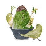  absurdres animal bird bowl commentary_request food green_bird green_theme highres kanou_(pixiv_37964562) leaf no_humans original painting_(medium) pinwheel shaved_ice simple_background traditional_media translation_request watercolor_(medium) white_background 