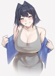  1girl absurdres alternate_costume blue_eyes blue_hair blush breasts cleavage closed_mouth commentary dress english_commentary highres hololive hololive_english looking_at_viewer medium_hair nurizza_ilst ouro_kronii sleeveless sleeveless_dress smile solo virtual_youtuber white_dress 