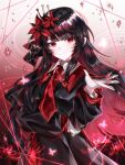  1girl absurdres black_dress black_hair bug butterfly chinese_commentary closed_mouth commentary_request dress flower hair_flower hair_ornament highres long_hair long_sleeves looking_at_viewer mahou_shoujo_no_majo_saiban necktie nikaido_hiro red_eyes red_flower red_hair red_necktie smile solo spider_lily weizhishu_vicky 
