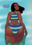  1girl absurdres art_mein ass bikini black_hair blue_bikini blue_sky brown_eyes dark-skinned_female dark_skin day english_text flower green_bikini hair_flower hair_ornament highres lilo_&amp;_stitch long_hair looking_at_viewer looking_back multicolored_bikini nani_pelekai outdoors pink_flower sky solo striped_bikini striped_clothes swimsuit two-tone_bikini 