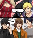  2girls 4boys absurdres akechi_gorou amamiya_ren artist_name ass ass_focus black_hair blonde_hair blue_eyes blue_hair bodysuit breast_focus breasts brown_eyes brown_hair cleavage glasses grey_bodysuit grey_eyes head_out_of_frame highres karbuitt kitagawa_yuusuke long_hair lower_body medium_breasts multiple_boys multiple_girls niijima_makoto panther_(persona_5) persona persona_5 queen_(persona_5) red_bodysuit sakamoto_ryuuji short_hair takamaki_anne twintails very_short_hair 
